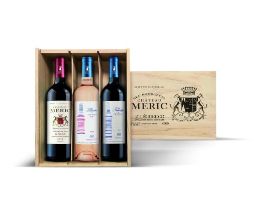 Coffret en caisse bois avec 3 bouteilles de vin du Château MERIC